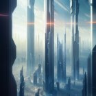 Futuristic cityscape with towering skyscrapers in sunlight