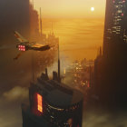 Futuristic cityscape at sunset with towering skyscrapers and yellow lights