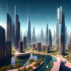 Sleek skyscrapers in futuristic cityscape with flying vehicles and serene water body