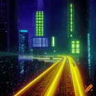 Vibrant neon-lit cityscape with glowing vehicle light trails at night