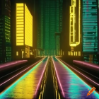 Futuristic neon-lit cityscape with glowing billboards and high-rise buildings at night