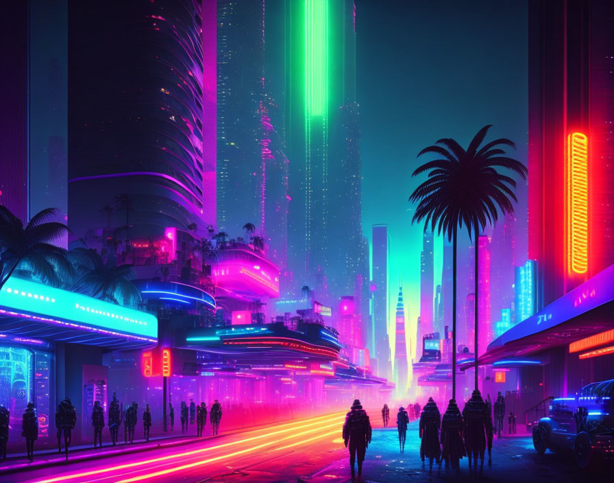 Futuristic night cityscape with neon lights, skyscrapers, figures, and flying vehicles