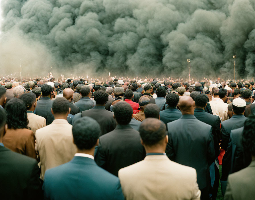 Crowd in Suits Facing Black Smoke