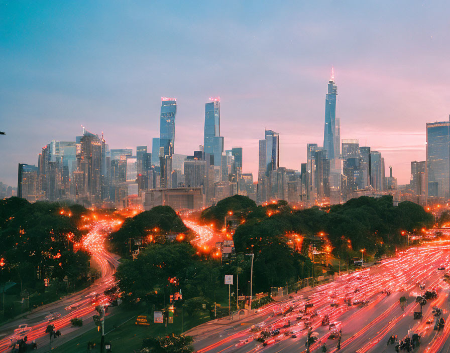 Cityscape with Glowing Traffic Trails and Illuminated Skyscrapers at Twilight