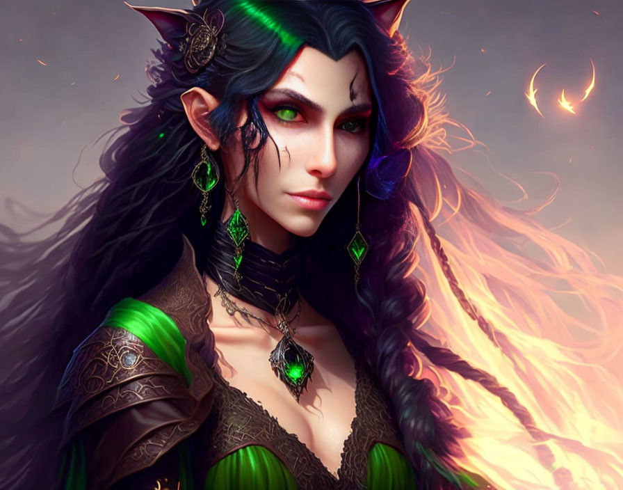 Fantasy art: Female character with pointed ears, green eyes, dark hair, emerald jewelry,