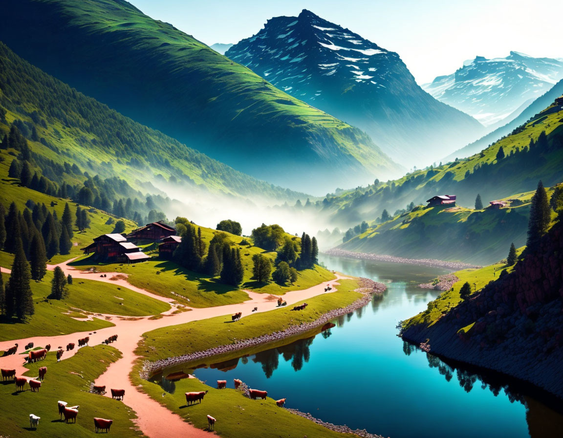 Tranquil alpine village scene with blue river, grazing cows, green hills, and mist under