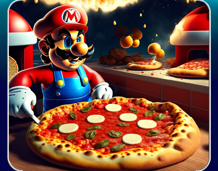 Mario slicing pizza with fireballs in the night sky