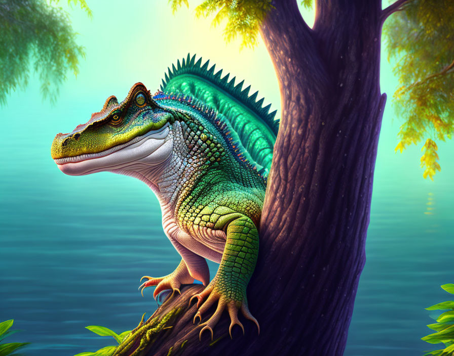 Colorful digital art: Smiling crocodile creature in misty forest