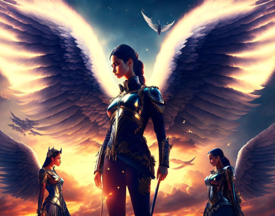 Digital Artwork: Three Armored Women with Angelic Wings in Dramatic Sky