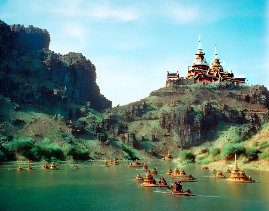 Scenic river landscape with traditional boats and colorful cliff temple