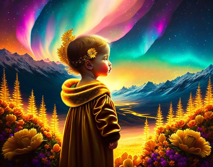 Child in golden cloak admiring aurora borealis and mountains