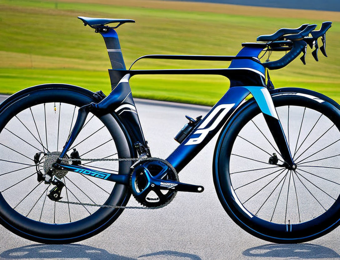 Blue and Black Aerodynamic Road Bike with Carbon Wheelset and Integrated Handlebars