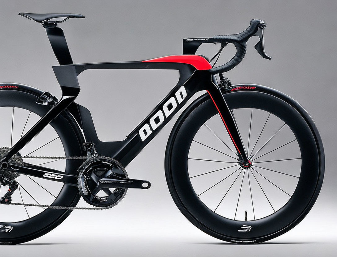 Black and Red Aerodynamic Time Trial Bicycle with Deep-Section Front Wheel