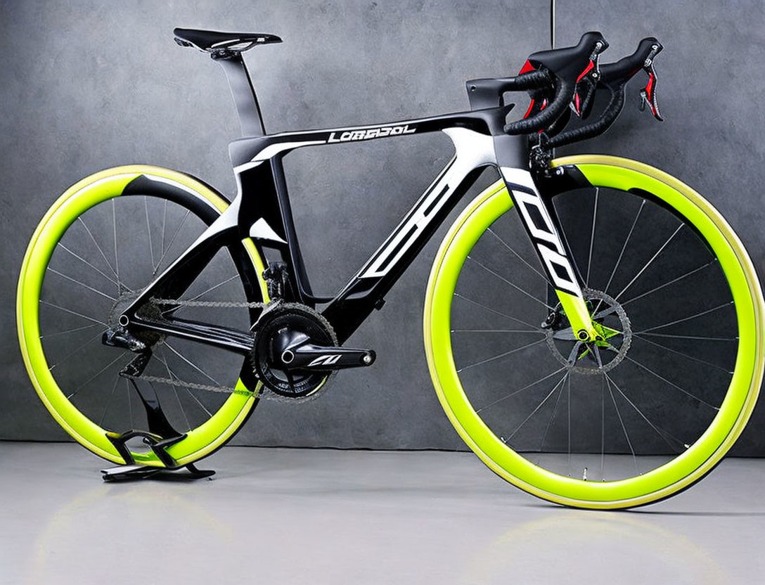 Black and White Road Bicycle with Neon Green Accents on Gray Background