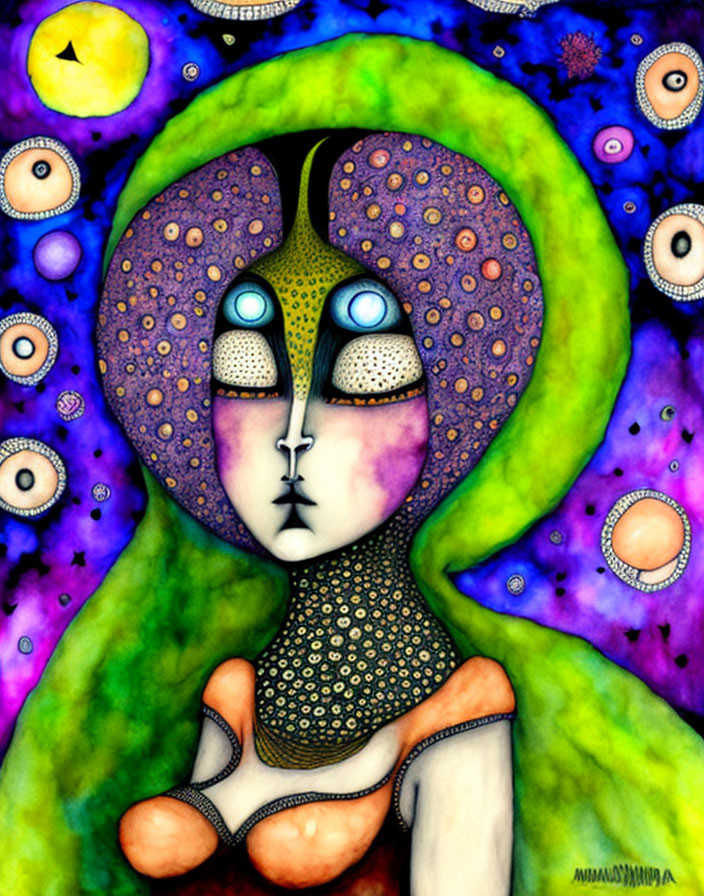 Vibrant surreal female figure with cosmic backdrop