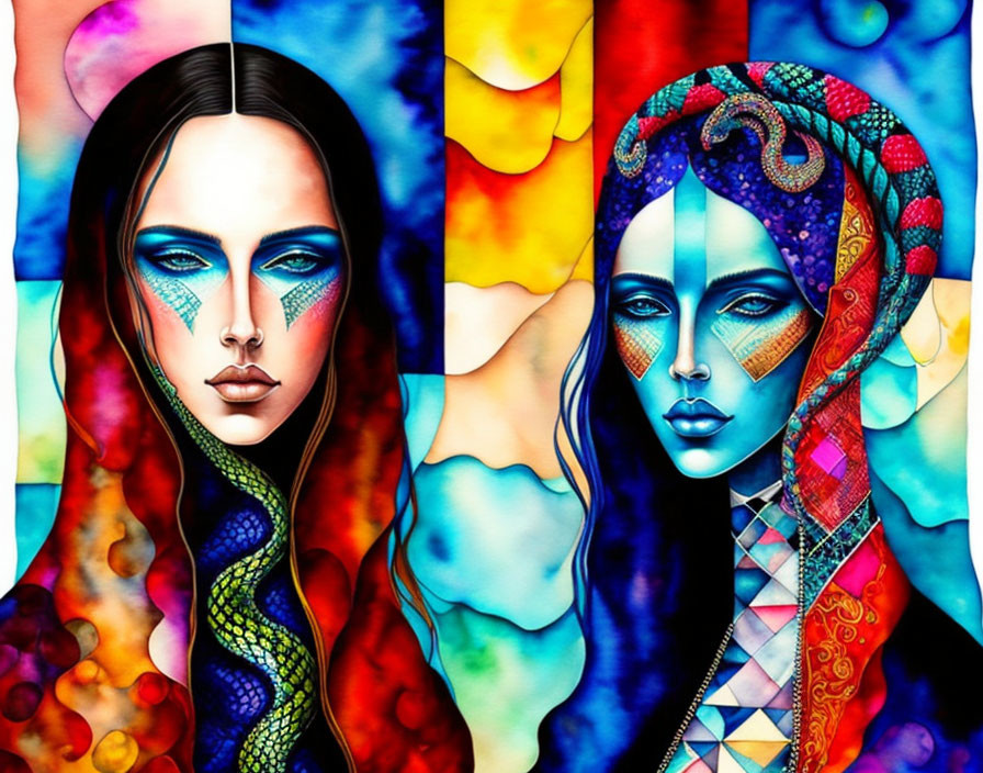 Colorful portraits of women with intricate patterns and vivid hues in a psychedelic theme