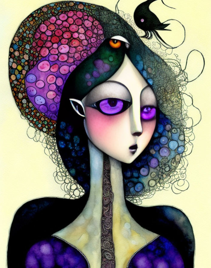 Stylized female figure with purple eyes and whimsical bird in hair