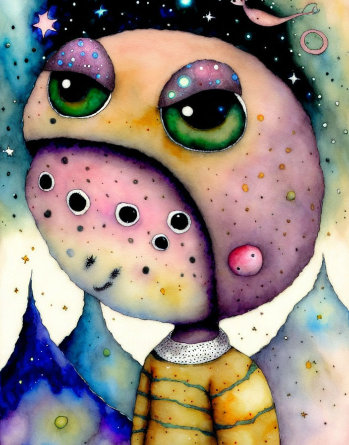 Vibrant whimsical creature with large green eyes and starry background