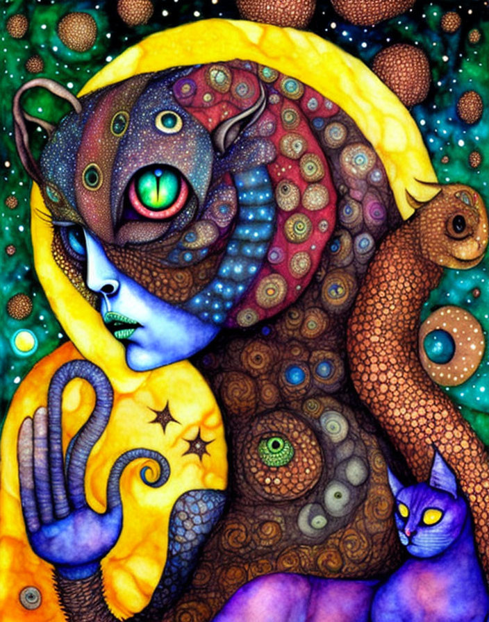 Surreal humanoid figure with cosmic leopard head and blue cat in vibrant painting