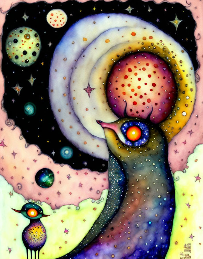 Colorful Artwork: Celestial Character Surrounded by Planets and Stars