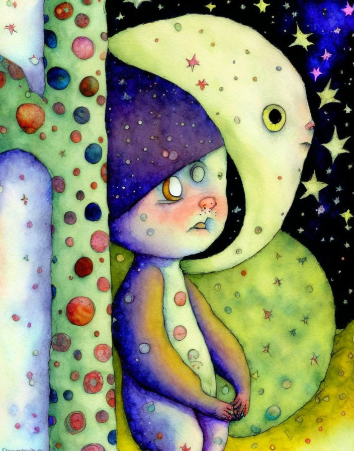 Childlike figure in purple hood under crescent moon in celestial watercolor.