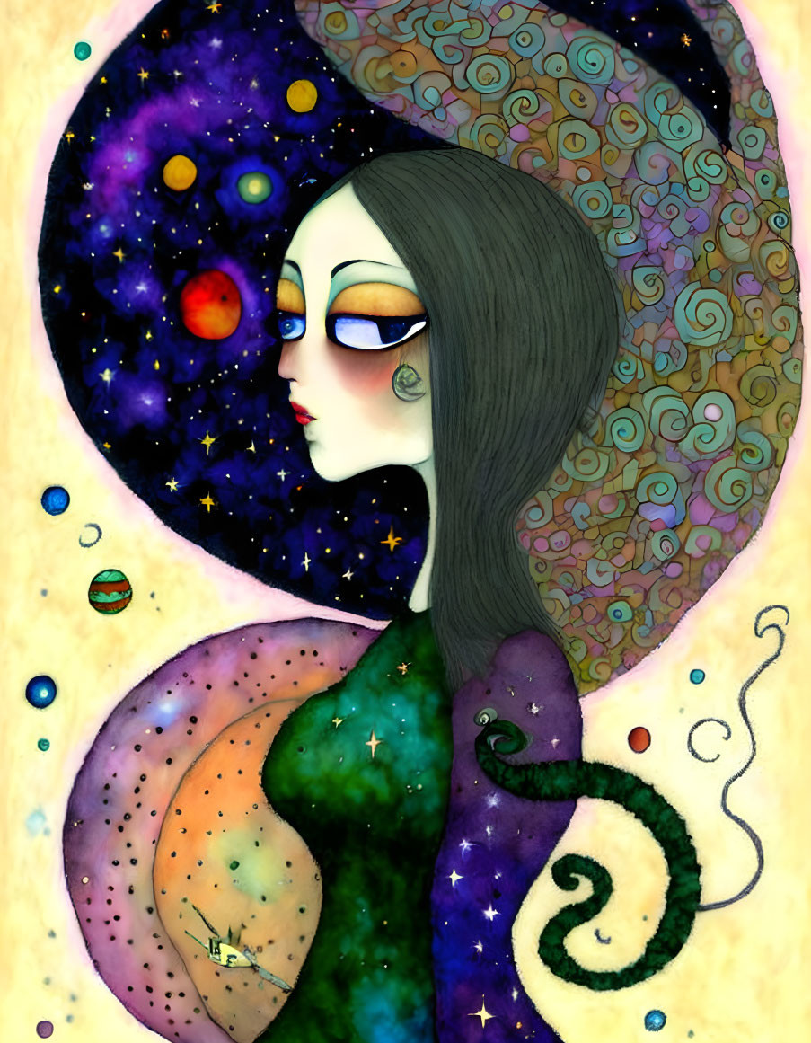 Cosmic-themed woman illustration with celestial bodies and galaxy motif