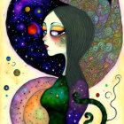 Cosmic-themed woman illustration with celestial bodies and galaxy motif