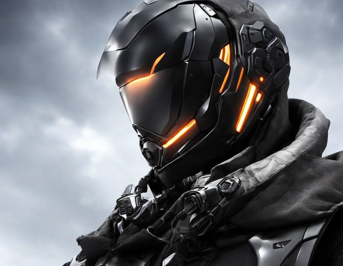 Futuristic helmet with orange glowing visor and accents against cloudy sky