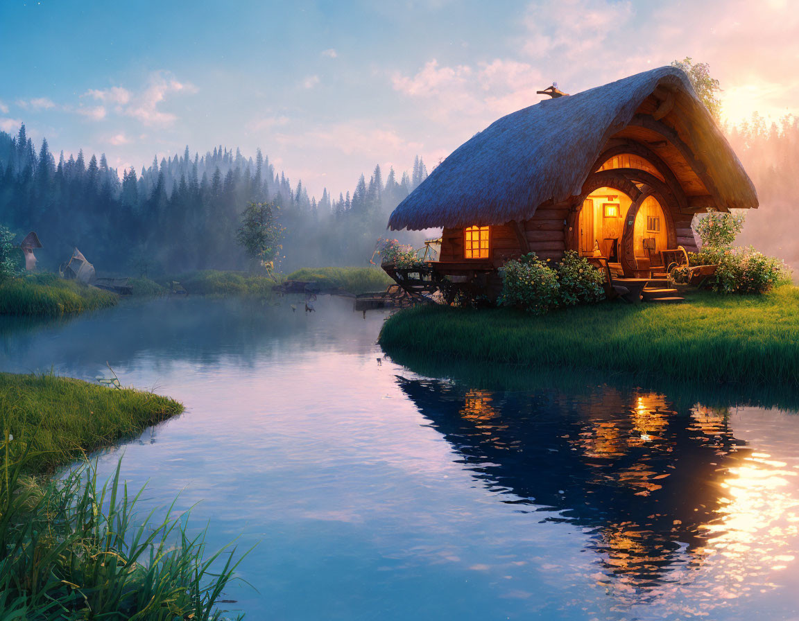 Riverside thatched roof cottage at dusk with misty forest backdrop