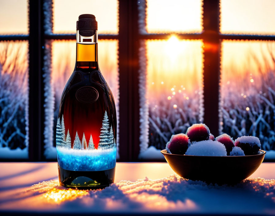 Snowy windowsill with bottle, bowl, and snowballs under vibrant sunset