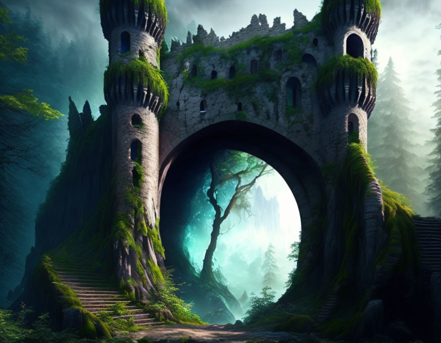 Moss-covered castle archway in lush forest with mystical light and solitary tree.