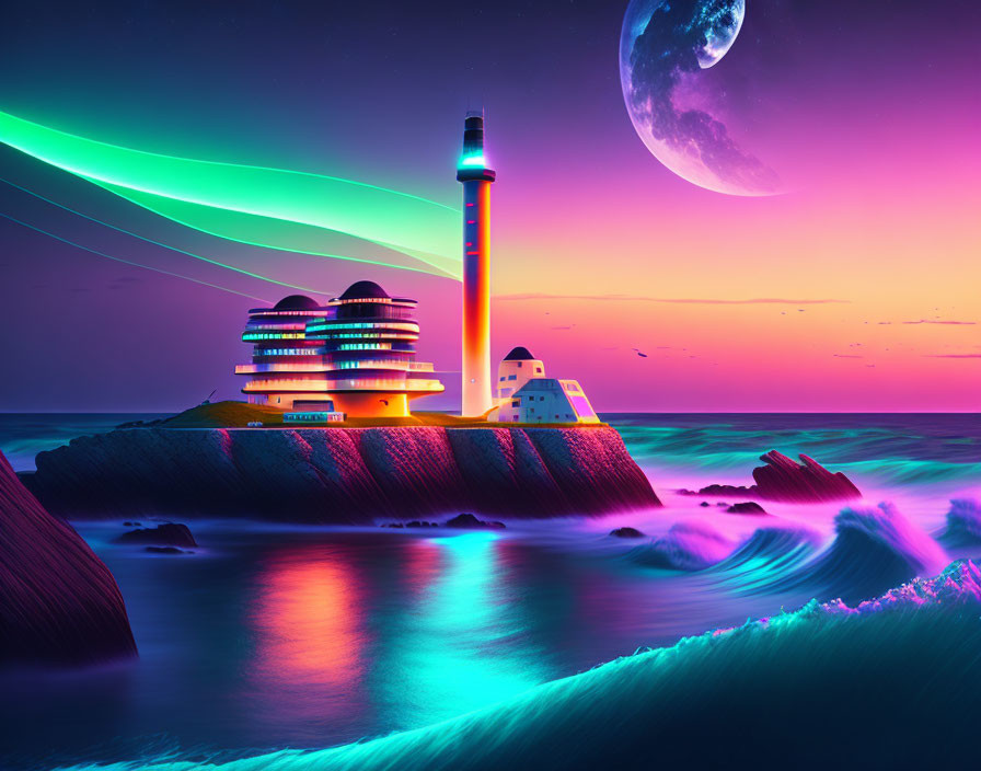 Futuristic lighthouse digital art with neon auroras and moon