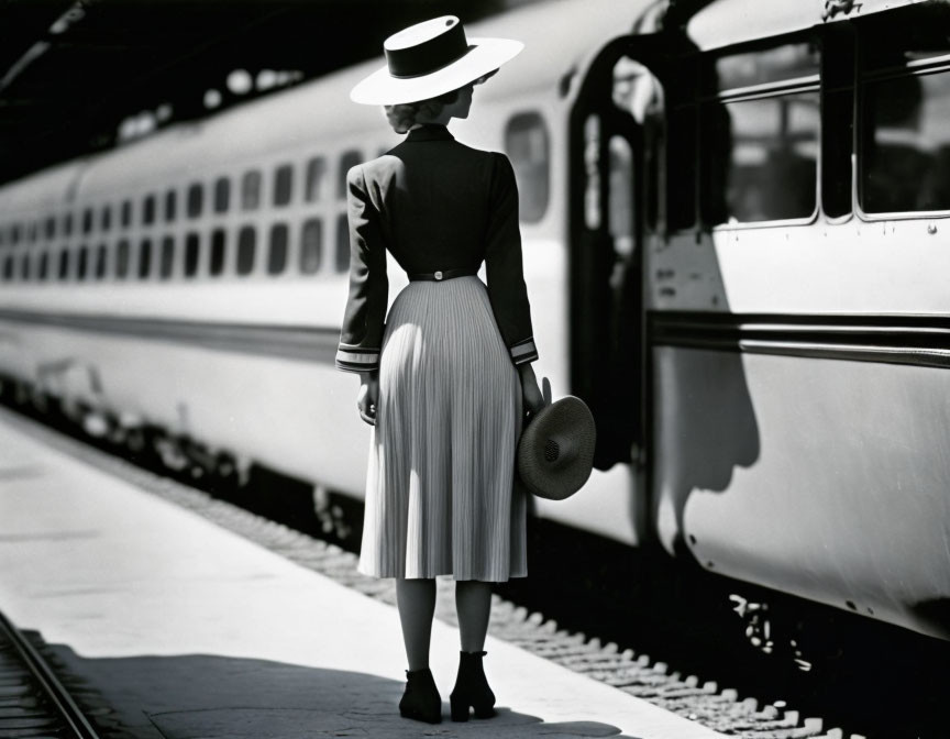 Vintage woman on train platform with train car in background