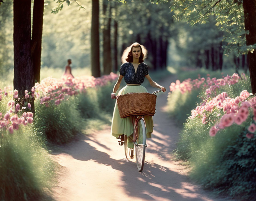 Vintage-clad woman rides bicycle on tree-lined path with pink flowers.