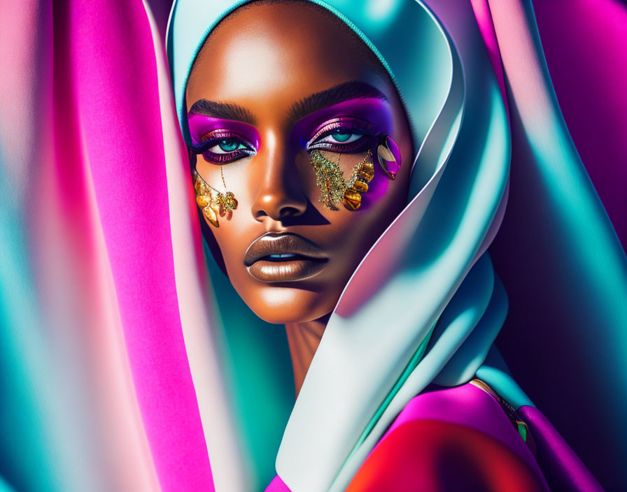 Colorful portrait featuring bold purple eyeshadow and golden leaf accents