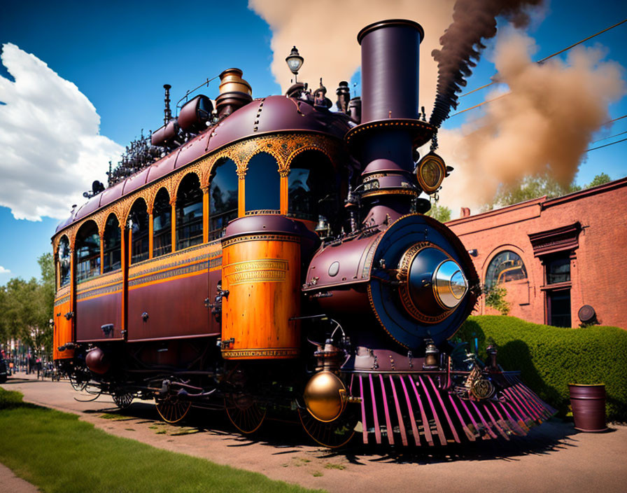 Vintage locomotive emitting smoke against blue skies and red-brick buildings