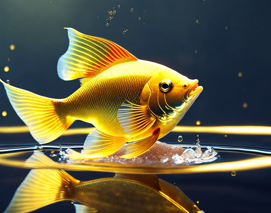 Colorful goldfish swimming in water with splashes and bubbles on dark background