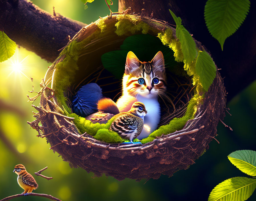 Curious kitten and birds in cozy nest among green leaves