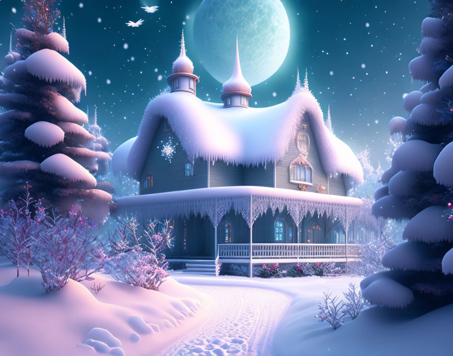 Snow-covered house under bright moon and stars in whimsical winter night.