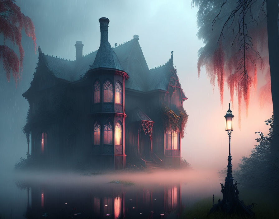 Victorian-style house in foggy twilight with glowing streetlamp by pond.