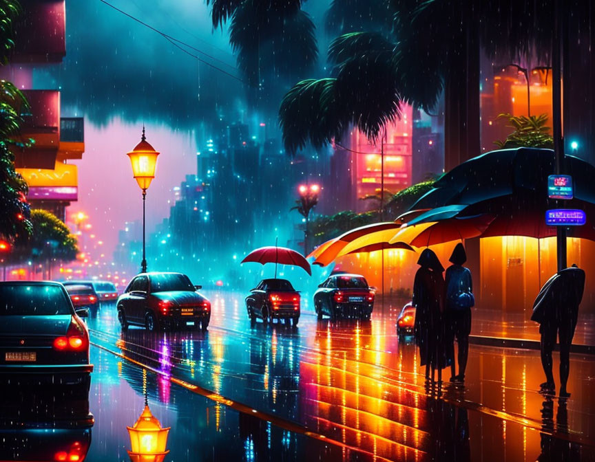 Urban night scene: rain, colorful reflections, umbrellas, cars, city lights