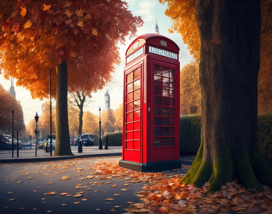 Iconic red British telephone box in autumn setting.