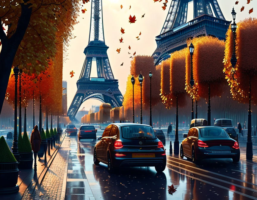 Autumn Paris Eiffel Tower scene with falling golden leaves and tree-lined street.