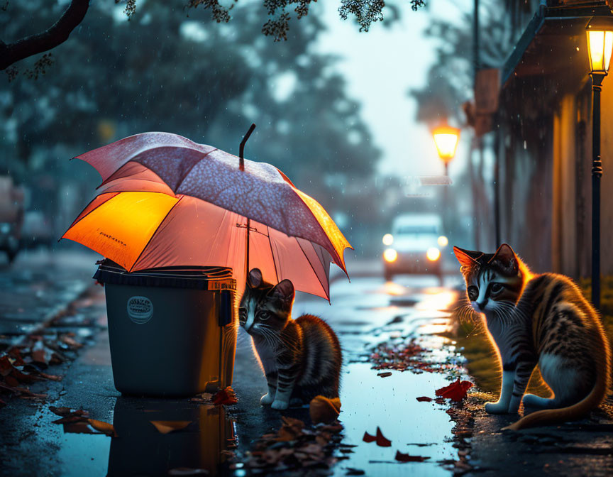 Two cats under a glowing umbrella on a rainy night with streetlights and headlights.