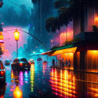 Urban night scene: rain, colorful reflections, umbrellas, cars, city lights