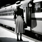 Vintage woman on train platform with train car in background