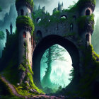 Moss-covered castle archway in lush forest with mystical light and solitary tree.