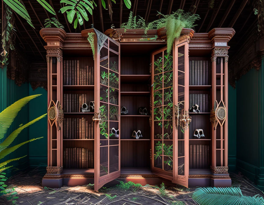 Traditional green room with wooden bookcase, books, plants, and tiled floor