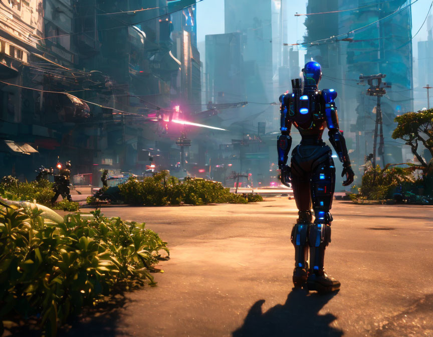 Futuristic humanoid robot in urban setting with neon lights