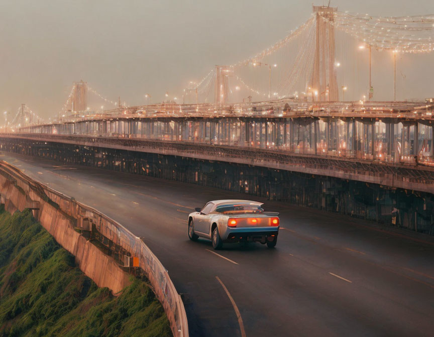 Vintage muscle car on illuminated bridge at dusk